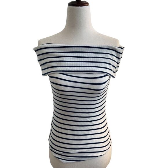 Free People Off The Shoulder Fitted Stretch Top Navy + Ivory Striped New w/ Tag - Picture 1 of 7
